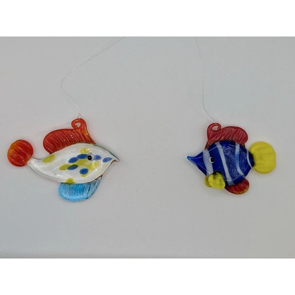 Lot of 2 LS Arts Blown Glass Floating Fish w Bubble Tropical Tank Aquarium Decor